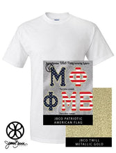 Load image into Gallery viewer, Sorority Apparel - White Crewneck With American Flag On Metallic Gold Twill
