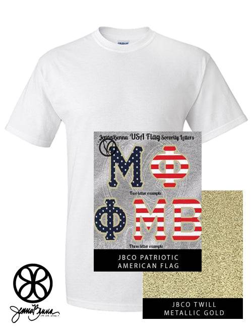 Sorority Apparel - White Crewneck With American Flag On Metallic Gold Twill