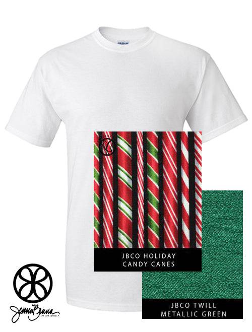Sorority Apparel - White Crewneck With Christmas Candy Canes On Metallic Green Twill