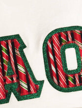 Load image into Gallery viewer, Sorority Apparel - White Crewneck With Christmas Candy Canes On Metallic Green Twill

