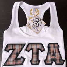 Load image into Gallery viewer, Sorority Apparel - White Ladies Tank Top With Tan Plaid On Black Twill
