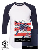 Load image into Gallery viewer, Sorority Apparel - White/Navy American Apparel Unisex 3/4 Sleeve Raglan + Lilly She&#39;s A Firecracker
