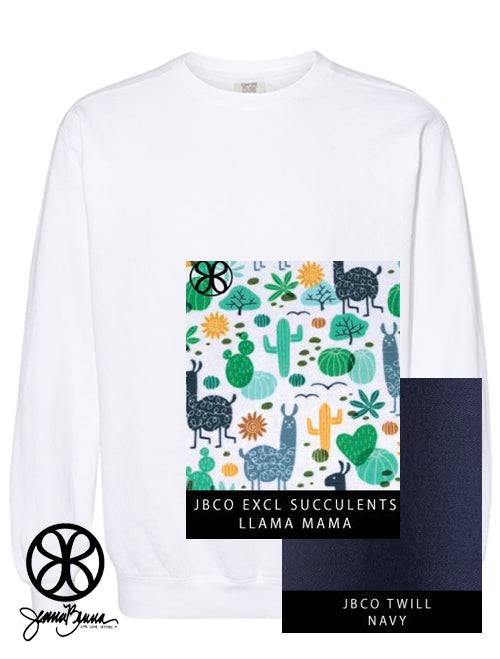 Sorority Apparel - White Sweatshirt With Succulents Llama Mama On Navy Blue Twill