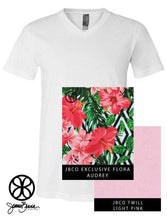 Load image into Gallery viewer, Sorority Apparel - White V-Neck With Audrey Floral On Light Pink Twill
