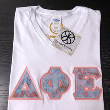 Load image into Gallery viewer, Sorority Apparel - White V Neck With Glitterized Marble Goldrush Sky On Light Coral Twill
