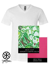 Load image into Gallery viewer, Sorority Apparel - White V-Neck With Lilly Sorority Kappa Delta On Greek Pink Twill
