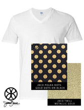 Load image into Gallery viewer, Sorority Apparel - White V-Neck with Metallic Gold Polka Dots on Black On Metallic Gold Twill
