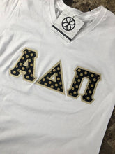 Load image into Gallery viewer, Sorority Apparel - White V-Neck with Metallic Gold Polka Dots on Black On Metallic Gold Twill
